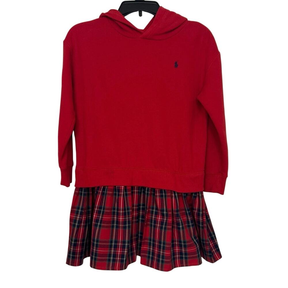 Polo Ralph Lauren Girls Red Hooded Dress Tartan Plaid Ruffle Hem Preppy M 8-10 - Picture 2 of 12